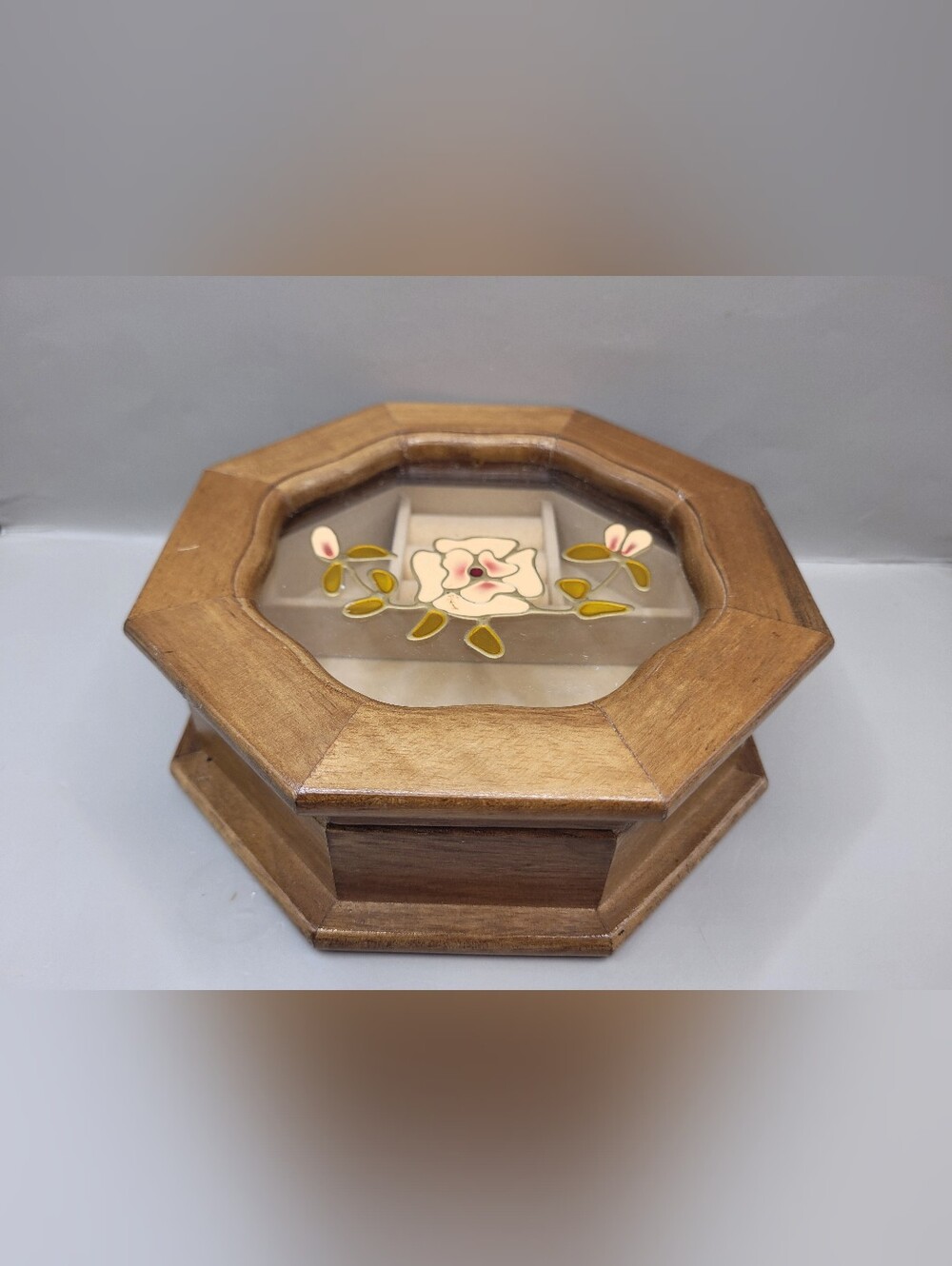 Vintage Mele Octagon Wood Glass Jewelry Box Painted Floral Lid Ring Slots 6.5"